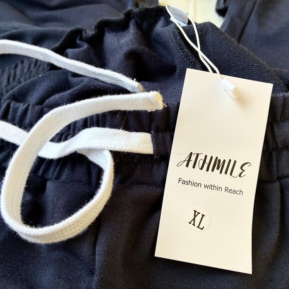 ATHMILE Black Sweatpant Elastic Waist & Cuffs Pockets Drawstring XL New. - Picture 9 of 14